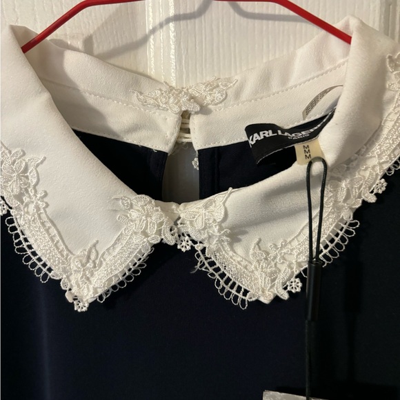 Karl Lagerfeld Navy Top with White Lace Collar Women’s Blouse New - Picture 2 of 6